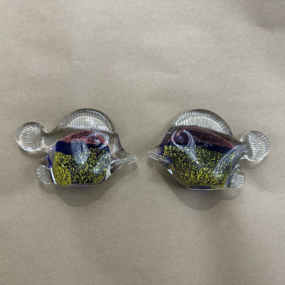 Vintage Art Glass Fish Primary Colors Fish Paperweight Set of 2
